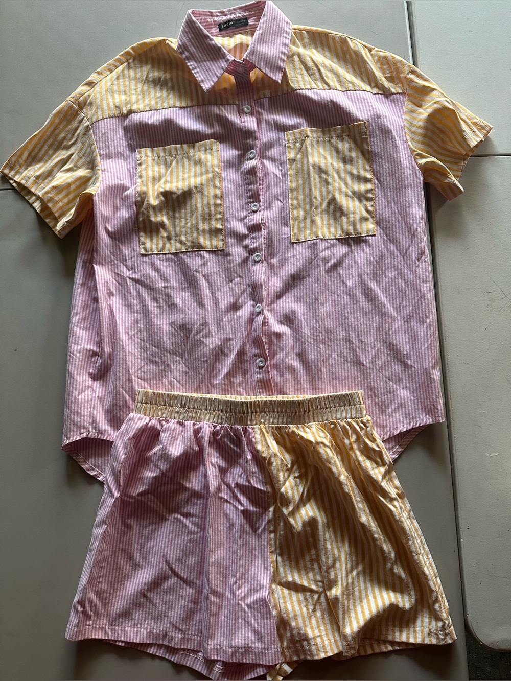 Shein Pink and Yellow Striped Pajama Set - Top and Shorts